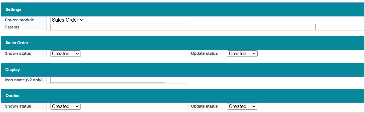 Screenshot of a software interface with settings for 'Sales Order' and 'Quotes' status updates.