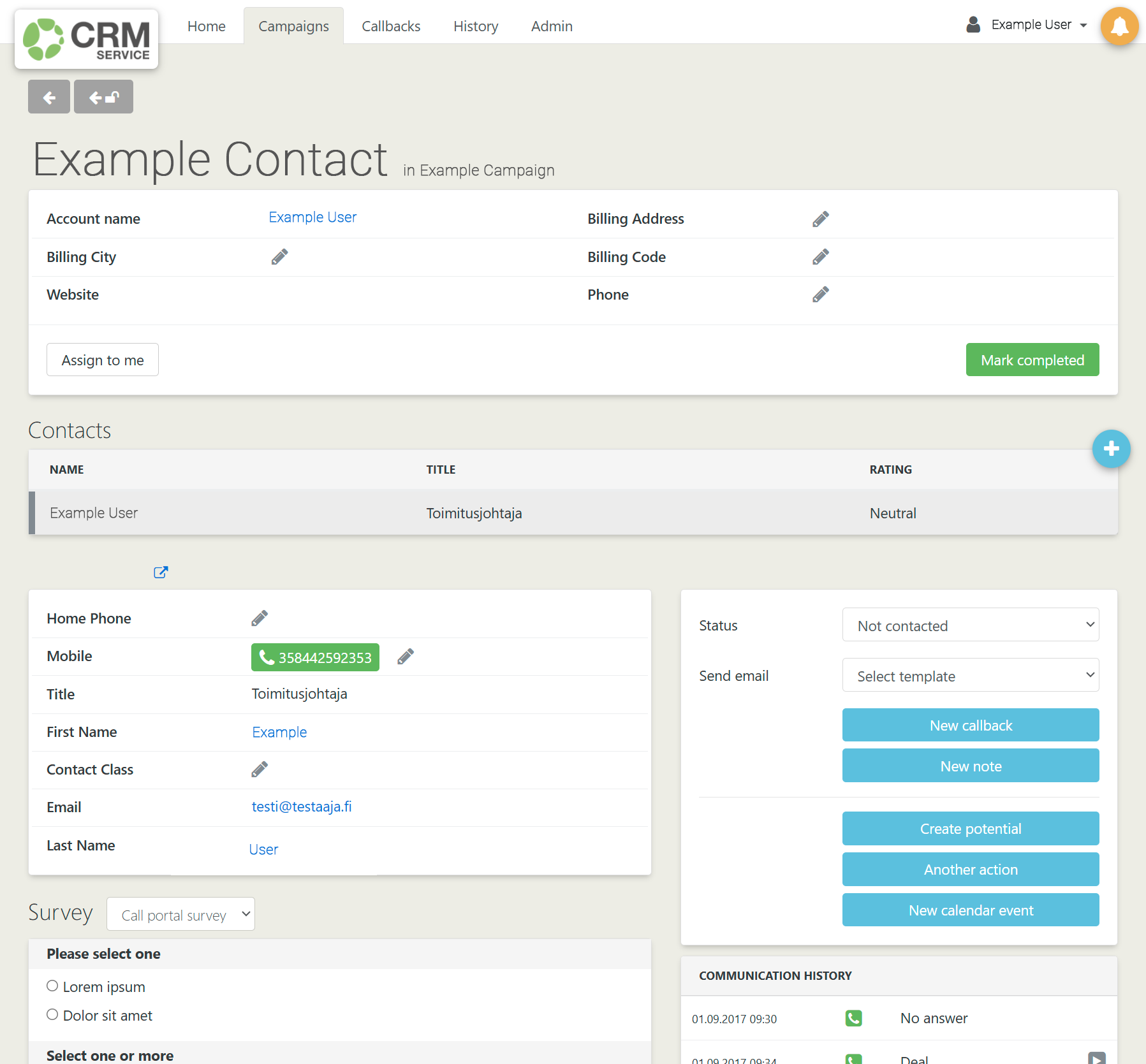 Screenshot of a CRM interface showing contact details and communication options.