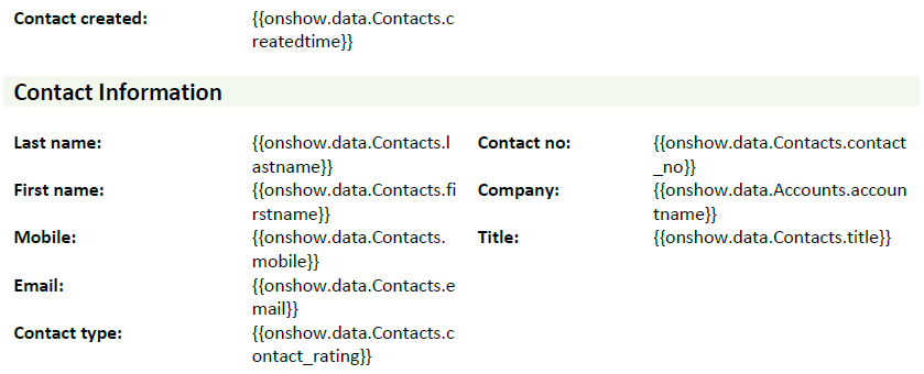 Screenshot of a contact information template with placeholders for data fields.