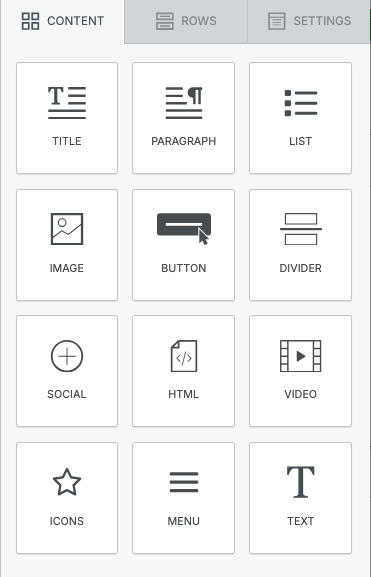 A user interface panel displaying content options like title, paragraph, image, button, and video in a grid layout.