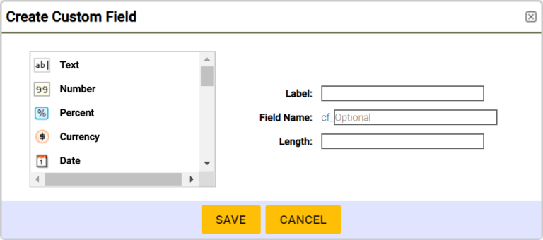 A screenshot of a 'Create Custom Field' dialog with field type options and input fields for label, name, and length.