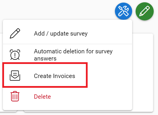 Dropdown menu with 'Create Invoices' option highlighted in red.
