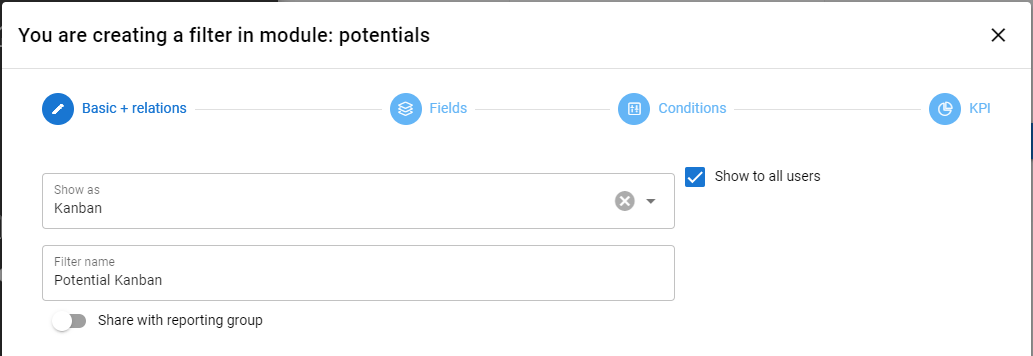 Screenshot of a filter creation interface in a software module labeled "potentials".
