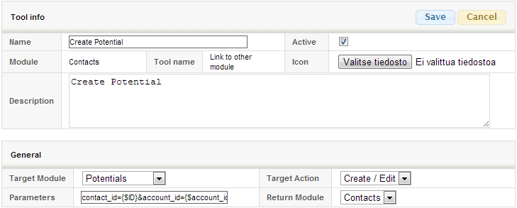 Screenshot of a software interface for tool configuration with fields for name, module, description, and parameters.