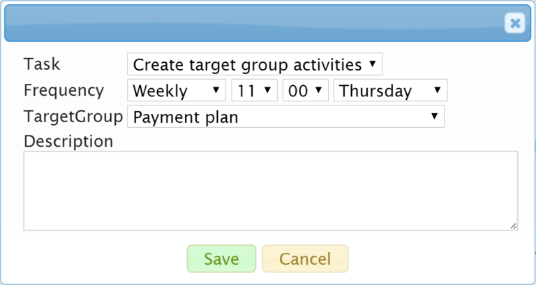 A screenshot of a task scheduling interface with fields for task, frequency, target group, and description.