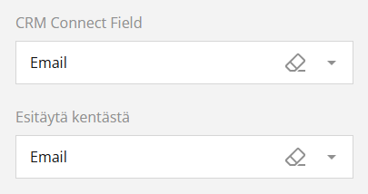 Two CRM Connect Field input boxes labeled "Email," one above with English text and one below with Finnish text Esitäytä kentästä (Pre-fill from field). 