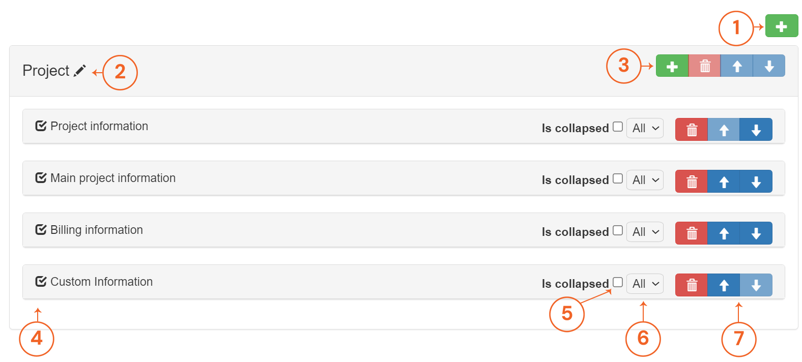 Screenshot of a CRM2 layout interface with expandable sections and user interaction icons.