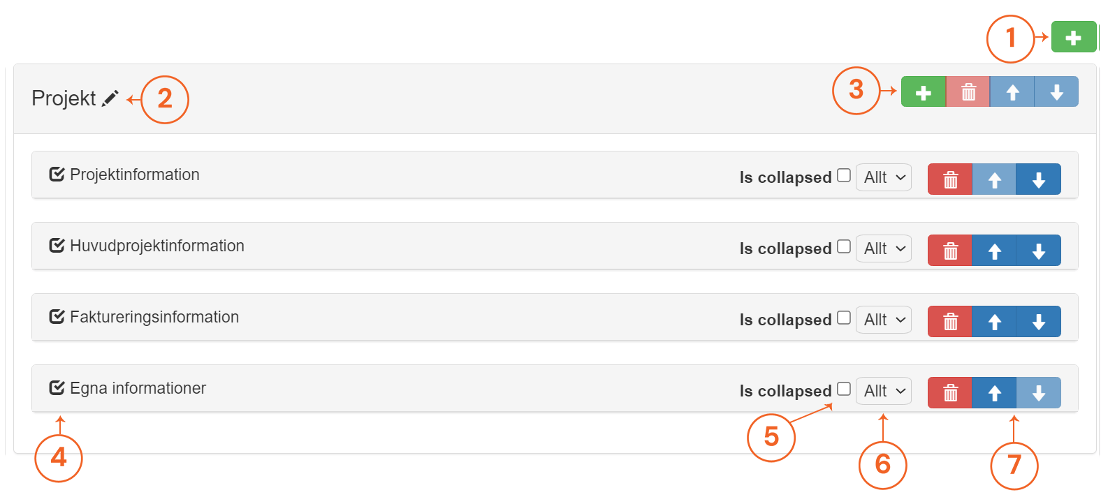 Skärmdump av ett CRM2 layout redaktor med expanderbara sektioner och ikoner för användarinteraktion.
