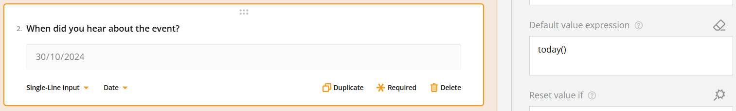 Screenshot of a web form with a question "When did you hear about the event?" with a date input field set to 30/10/2024 and condition field set to today()