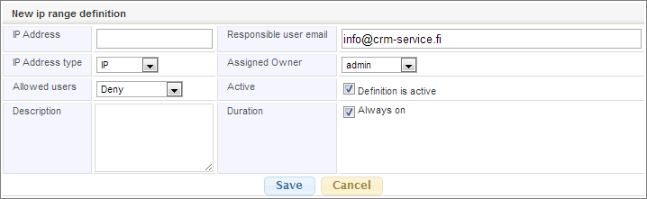 Screenshot of an IP range definition settings window with various fields and two buttons: Save and Cancel.