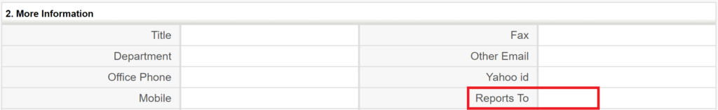Table labeled 'More Information' with empty fields; 'Reports To' is highlighted in red.