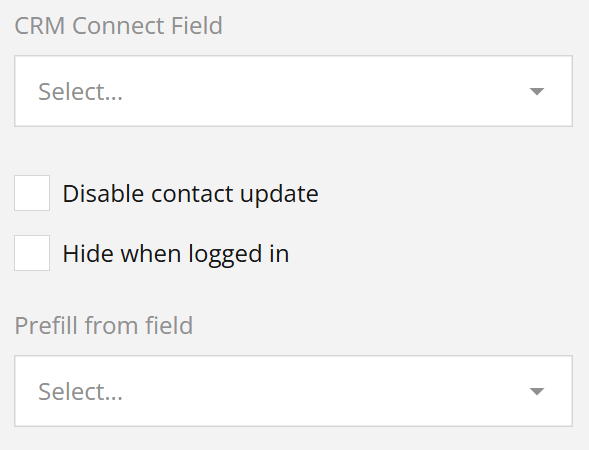 A user interface showing options for CRM Connect Field, including checkboxes for disabling contact updates and hiding when logged in.