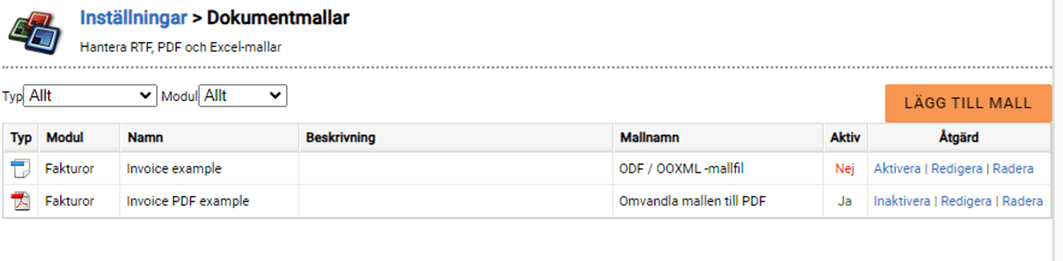 Skärmdump av inställningar för dokumentmallar med olika malltyper som Fakturor.
