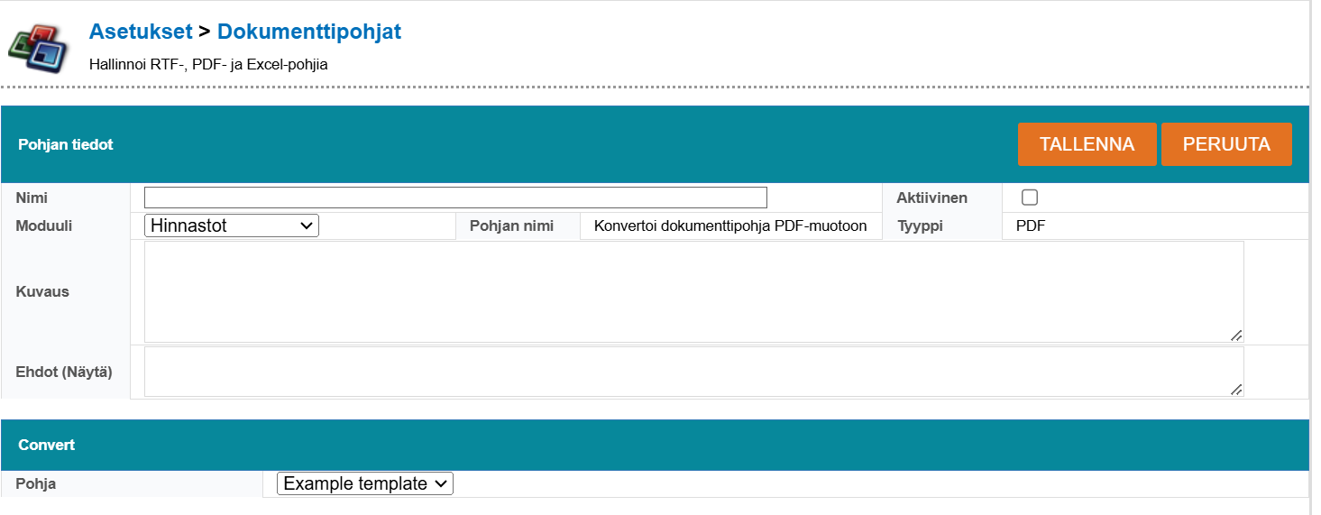 Ohjelmiston käyttöliittymä ”Dokumenttipohjat”, jossa on kentät pohjan tietoja varten, ”Tallenna”-painike ja ”Convert”-osio.