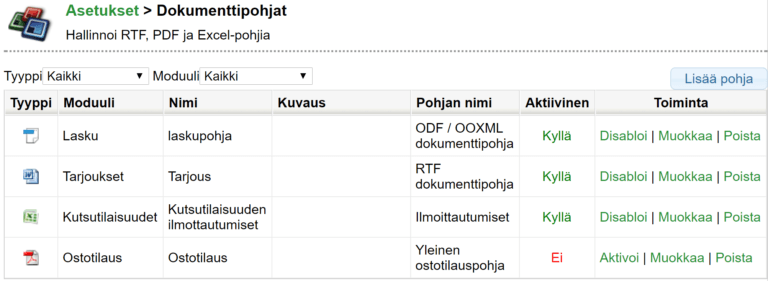 Kuvakaappaus asiakirjamallien asetuksista, joissa on eri mallityyppejä, kuten lasku, kutsu, tapahtumat ja tarjoukset.