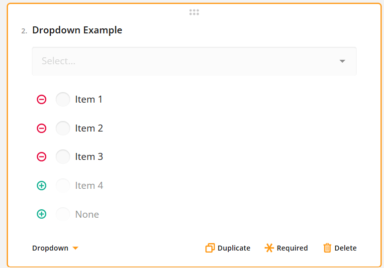 Screenshot of a web interface showing a dropdown menu example with options: Item 1, Item 2, Item 3, Item 4, and None.