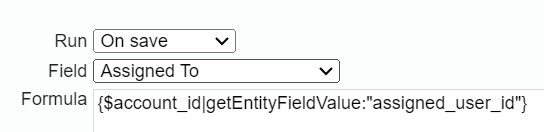 Software interface showing 'Run on save' option, 'Assigned To' field, and a formula with code.