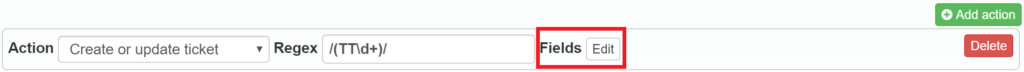 Interface with action drop-down menu, regex input, 'Fields' button highlighted in red, and 'Add action' button.