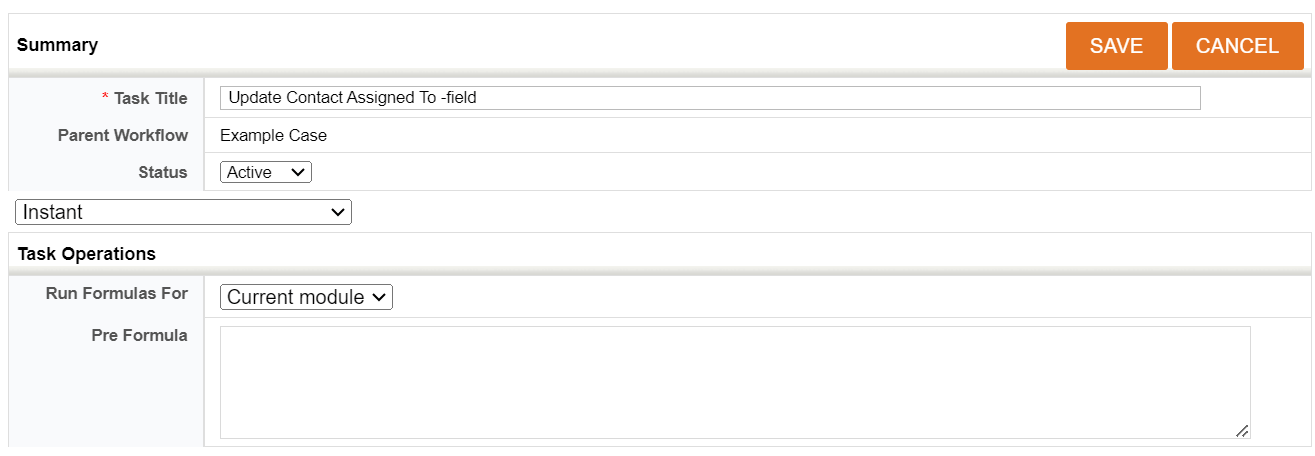 Screenshot of a workflow configuration page with sections for summary, trigger timing, and task operations.