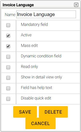 Screenshot of a software settings window with options for 'Invoice Language' and buttons for 'Save', 'Delete', 'Cancel'.