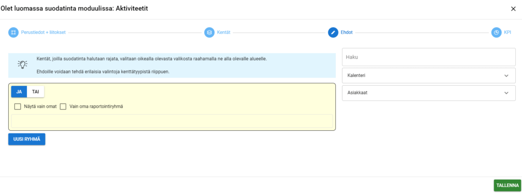 Kuvakaappaus ohjelmistosovelluksen suodattimen luontirajapinnasta, jossa on välilehdet Perustiedot, Kentät, Ehdot ja KPI.