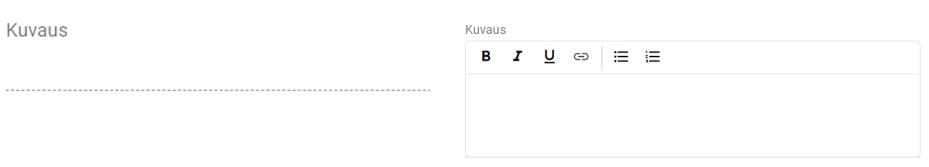 Kuvakaappaus tekstieditorin käyttöliittymästä, jossa on kaksi tyhjää ”Kuvaus”-kenttää ja muotoiluvaihtoehdot vasemmassa kuvauskentässä.