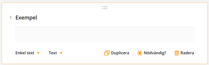 Skärmdump som visar ett användargränssnitt med ett inmatningsfält för enradig text med rubriken ”Exempel på enkel text”.