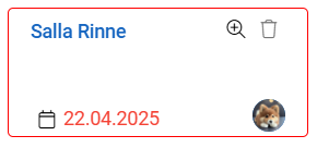 Entity card highlighted in red, with date (22.04.2025) and profile picture. Includes edit and delete options.