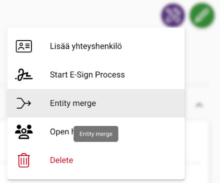 Graphical user interface with menu options for contact addition, e-signature, entity merging, and deletion.
