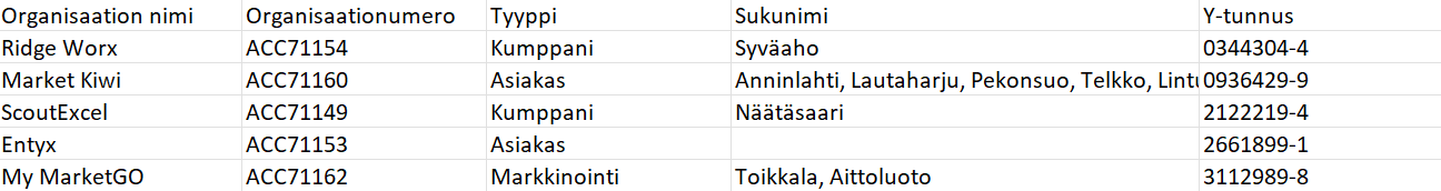 Taulukkolaskentataulukko, jossa on sarakkeet Yrityksen nimi, numero, tyyppi, sukunimi ja Y-tunnus