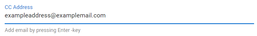 Email input field with sample CC address and instruction to add email by pressing Enter key.