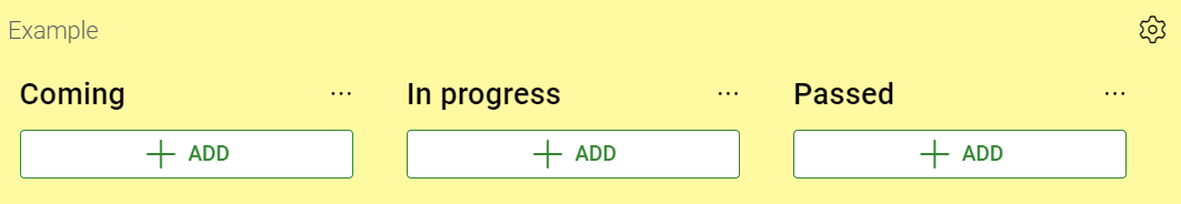 Hemsida för projektstatus med stegen ”Kommer”, ”Pågår”, ”Godkänd” och knapparna ”Lägg till”.