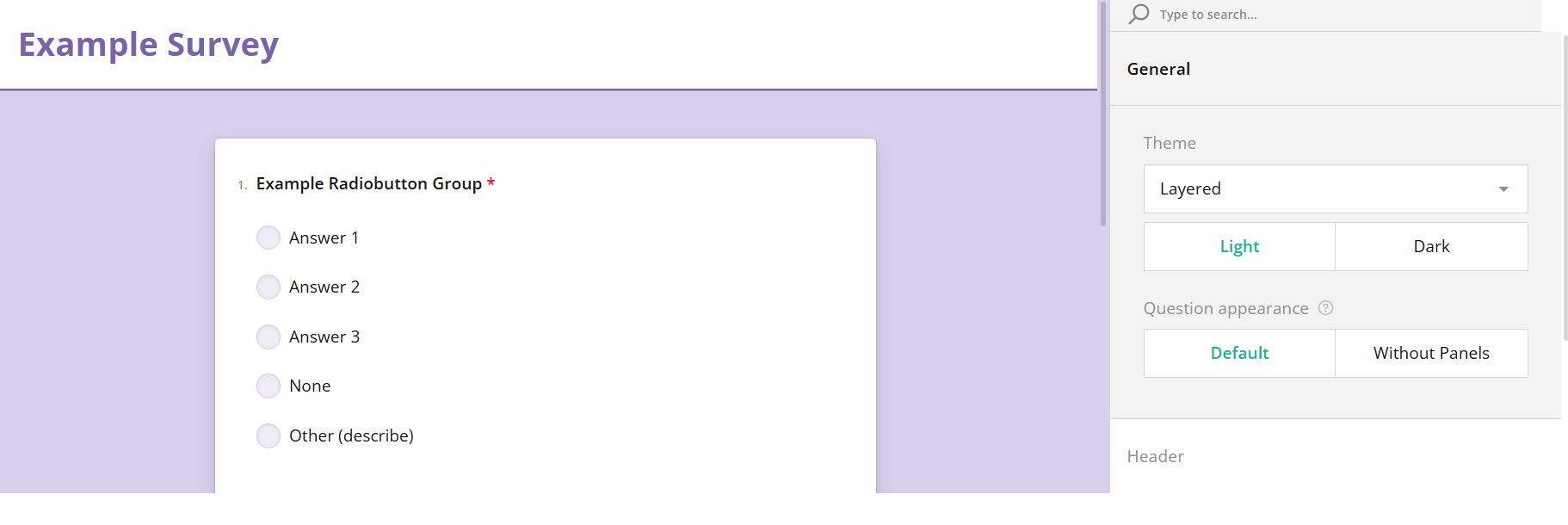 A purple-themed survey interface displaying a question with multiple radio button options for responses.