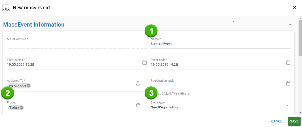 En skärmdump av ett formulär för ”New mass event” med fält för händelseinformation, datum och produkttyp.