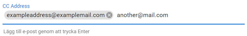 Screenshot of an email interface showing CC address field with two email addresses entered.