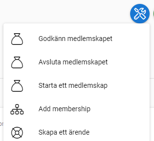 Rullgardinsmeny på svenska och engelska med alternativ för att hantera medlemskap.