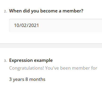 Form fields displaying a membership start date and a congratulatory message for 3 years and 8 months of membership.