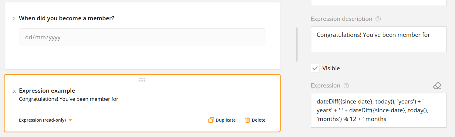 Screenshot of an online form builder with a membership date input field and a calculation expression for duration.