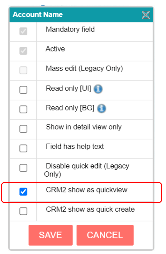 Software settings screen with 'Account Name' and checkbox options, 'CRM2 show as quickview' checked.