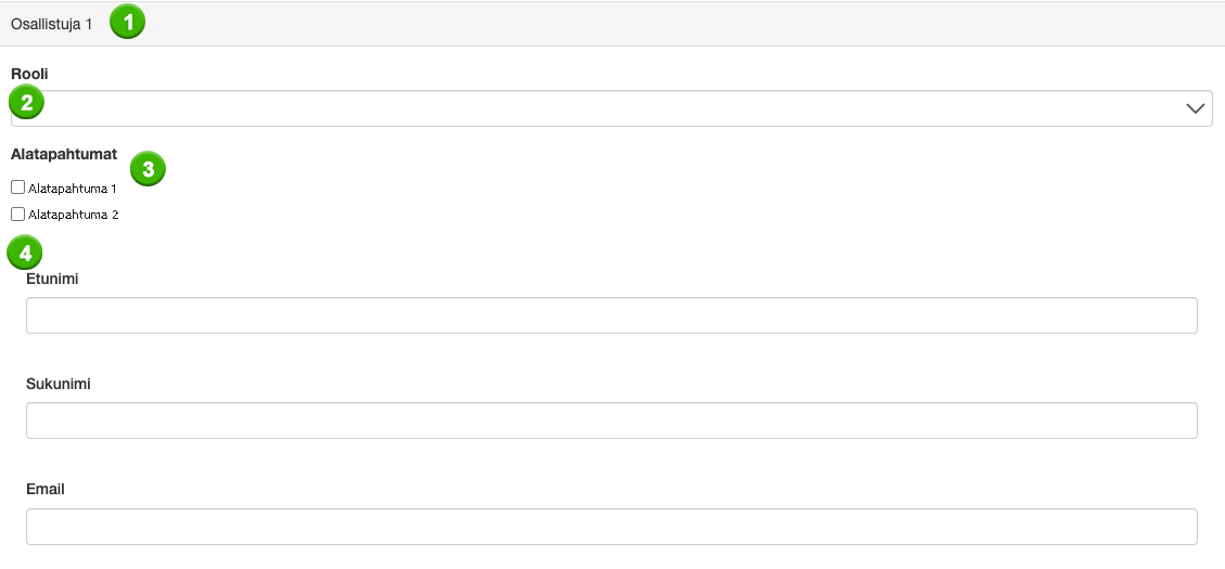 Web form with labeled fields for role, sub-events, first name, surname, and email.