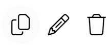 Three icons: a copy icon with two papers, a pencil, and a trash bin, in line art style.