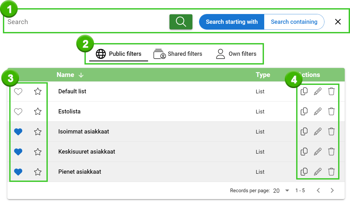 User interface of a software application showing a list with search options and filter settings.