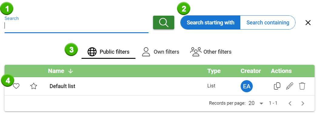 A user interface showing a search bar, filter options, and a default list with various action icons.