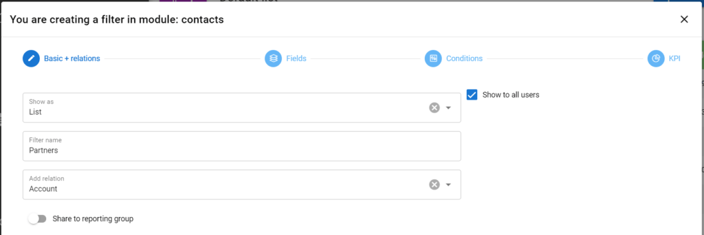Screenshot of a filter creation interface in a contact module with options for basic relations and conditions.