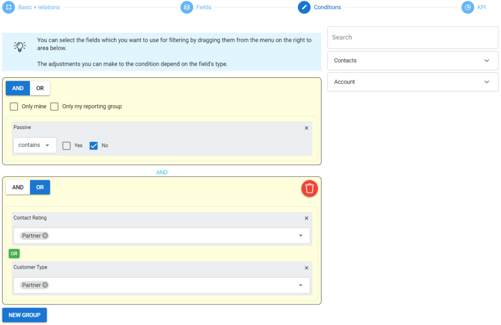 Screenshot of a software interface for setting up filter conditions with logical operators (AND/OR).