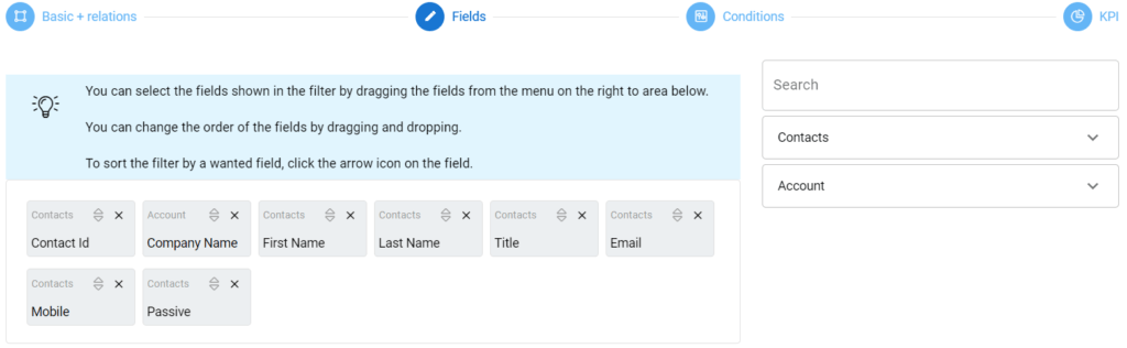 Screenshot of a software interface for filtering contact data by various fields such as Company Name, First Name, and Email.