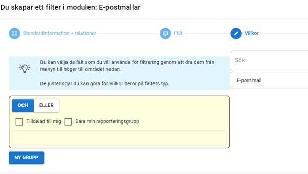 Skärmdump av ett gränssnitt för att skapa filter i en programvara med flikar för Standardinformation, Fält, Villkor och KPI.