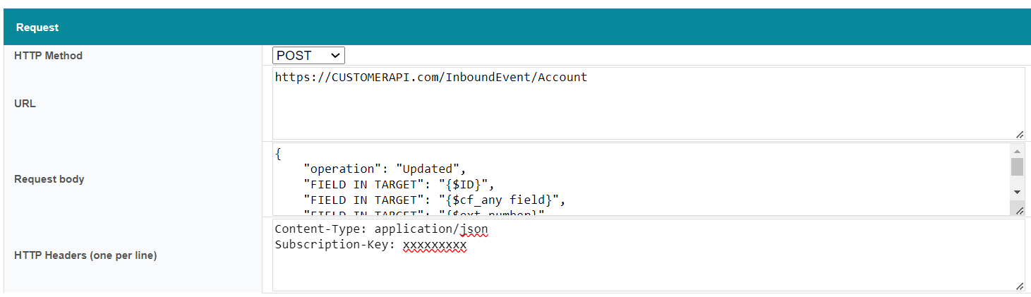 Screenshot of an API request setup with HTTP method, URL, request body, and headers displayed.