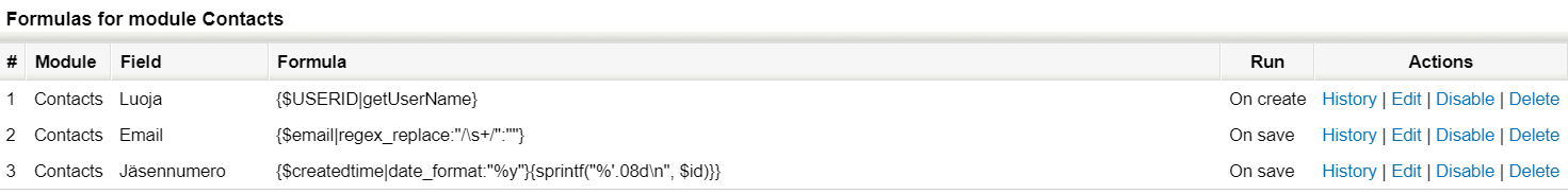 Screenshot of a software interface showing formulas for a contacts module with relevant fields and actions.