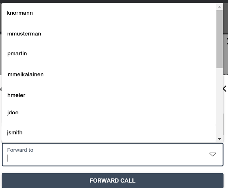 A screenshot of a call forwarding interface with a list of usernames and a button labeled "Forward Call".